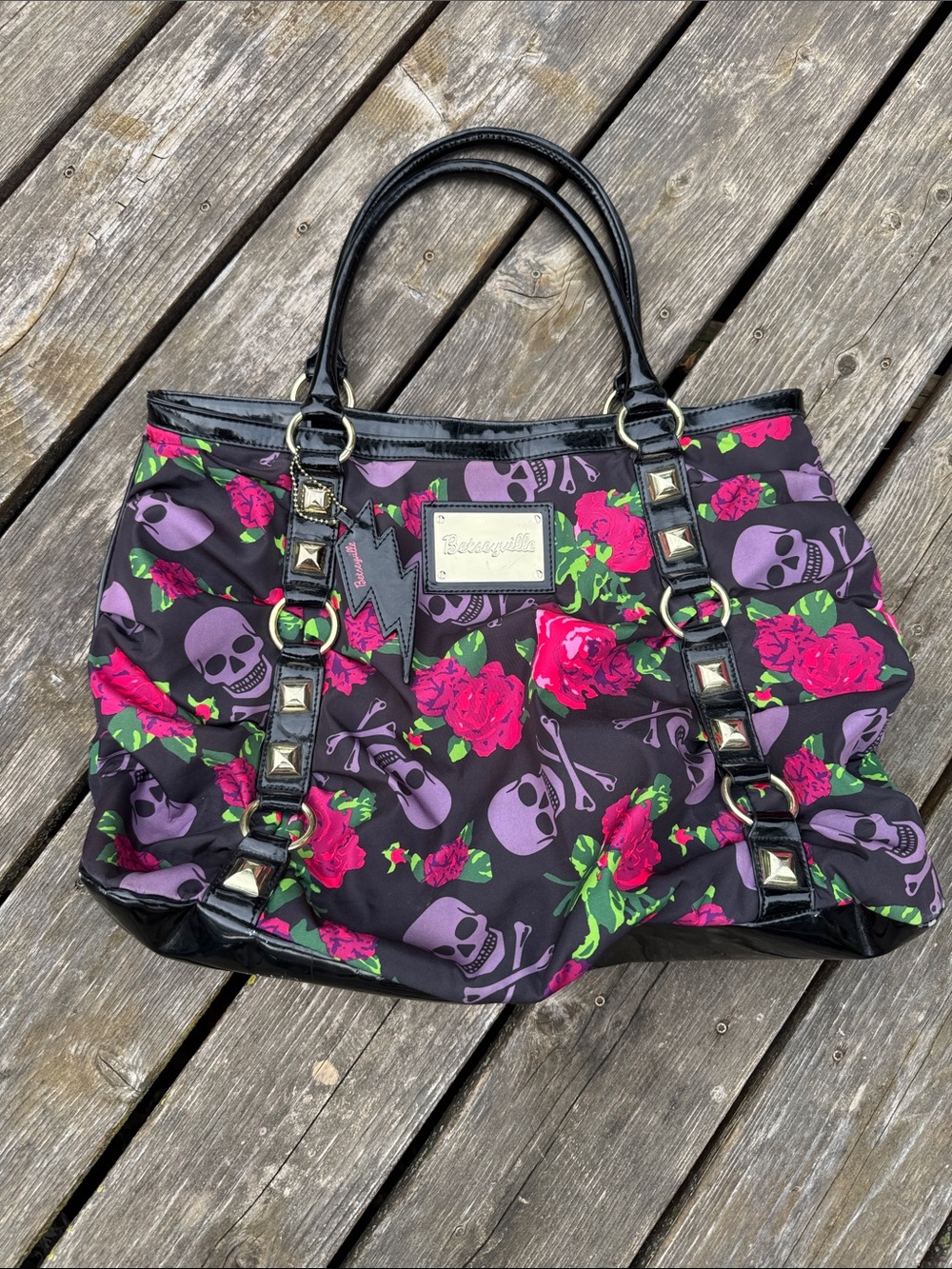Large Vintage Betseyville Roses And Skulls Tote